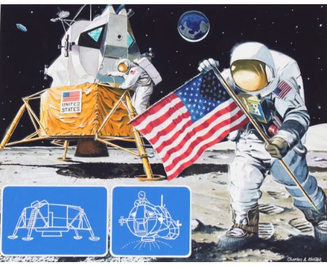Charles A Knotek (American, 1933 - 2008) "First Man Reaches the Moon" Signed lower right. Original Mixed Media painting on Il