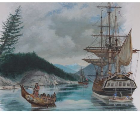 Charles J Lundgren (New York, Connecticut, 1911 - 1988) "HMS Resolution and HMS Discovery At Nootka, Alaska" Original oil pai