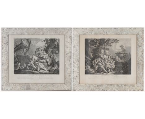 Claude Augustin Duflos (French, 1700 - 1786) "Le Berger avec son oiseau" and "la bergere avec sa flute". Pair of Etchings/Eng