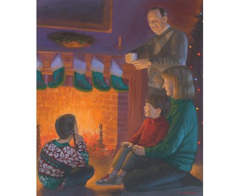 Michael Garland (American, B. 1952) "Christmas/Family in Front of Fireplace" Signed lower right. Original Oil painting on Ill