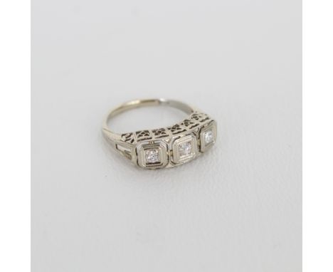 18K White Gold &amp; 3 Stone Diamond Antique  Ring. Hallmarked inside band.  Ring Size: 6 Total Weight: 1.9 dwt  - All silver