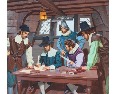 Ed Vebell (American, 1921 - 2018) "Signing of Mayflower Compact" Signed lower right. Original Acrylic painting on Hot Press I