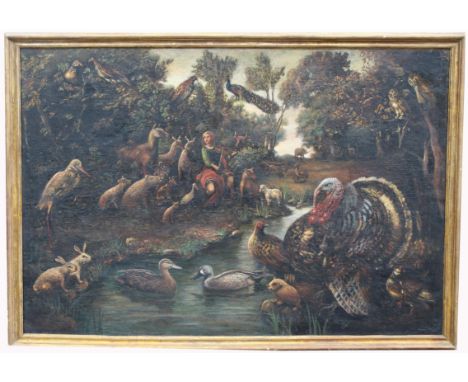 Large Old Master Painting, Orpheus and the Animals. Depicting a figure playing the violin in a wooded landscape with two of e