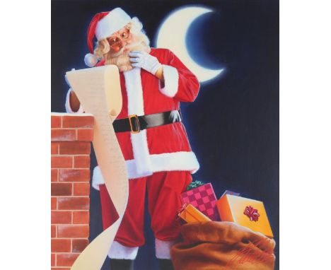 Ed Little (American, B. 1957) "Santa Clause at the Chimney Checking His List" Signed lower right. Original Oil painting on Ca