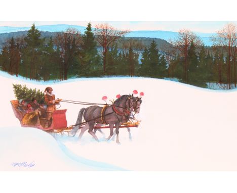 Tom McNeely (Canadian, B. 1935) "Bringing Home a Christmas Tree in Sleigh" Signed lower left. Original Watercolor painting on