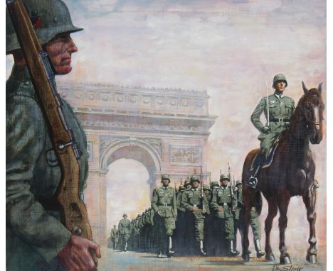 David K. Stone (American, 1922 - 2001) "Germans Occupy Paris" Original Oil painting on Masonite. Signed lower right. Provenan