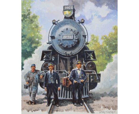 John Swatsley (American, B. 1937) "CPR D-10 Locomotive with the Engineer &amp; Conductor" Signed lower right. Original Oil pa