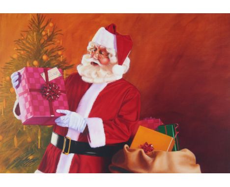 Ed Little (American, B. 1957) "Santa Claus Placing Gifts under Tree" Original Oil painting on Canvas Board. Signed lower left