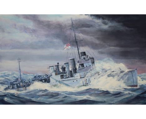 David K. Stone (American, 1922 - 2001) "HMS Georgetown" Signed lower right. Original Oil painting on Masonite. Provenance: Co