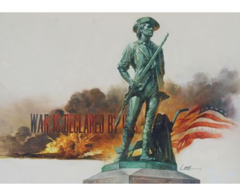 Dennis Lyall (American, B. 1946) "Statue of American Patriot, U.S. Flag" Original oil painting on Canvas. Signed lower right.
