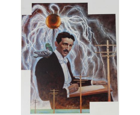 David K Stone (Oregon, 1922 - 2001) "Nikola Tesla" Signed lower center. Original Oil painting on Masonite. Provenance: Collec