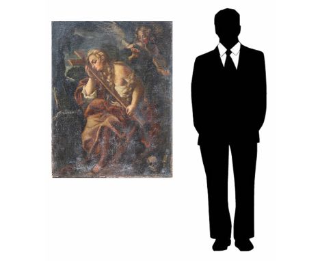 Old Master European School Painting of St Mary Magdalene holding a cross. With a woman/angel in the distance playing violin a