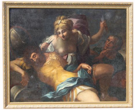 Monumental 18th Century Old Master Painting, Samson &amp; Delilah. Depicting the biblical scene of Delilah cutting Samson's h