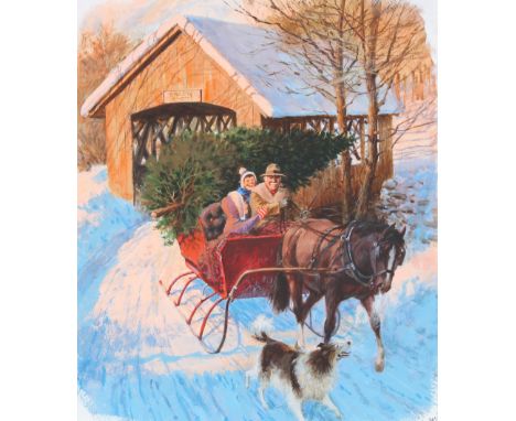 Mel Crawford (Canadian, B. 1925) "Bringing Tree Home on a Sleigh" Signed lower right. Original Mixed Media painting on Illust