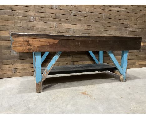 Large timber work bench with central glass section Dimensions: Height:&nbsp;94cm&nbsp; Length/Width:&nbsp;244cm&nbsp; Depth/D