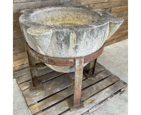 Large 19th century circular stone mortar planter on wrought iron standDimensions: Height:&nbsp;89cm&nbsp; Depth/Diameter:&nbs