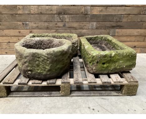 Two rectangular stones troughs (W80cm, D41cm, H22cm & W70cm, D42cm, H23cm) and a circular trough (D53cm, H27cm) (3)