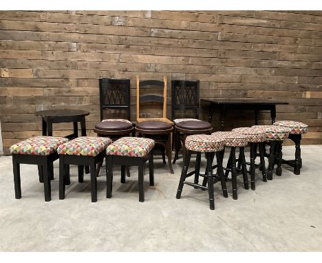 A collection of eleven low bar stools, three dining chairs a lamp table and a rectangular table (16)