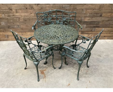 Cast aluminium garden dining set, comprising ornate circular table (D91cm, H68cm) a two seater bench, on cabriole supports (W