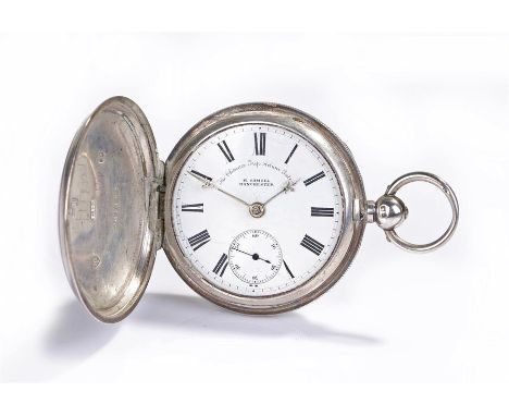 Silver hunter pocket watch, the engine turned case with a signed white enamel dial with Roman hours and subsidiary seconds, t