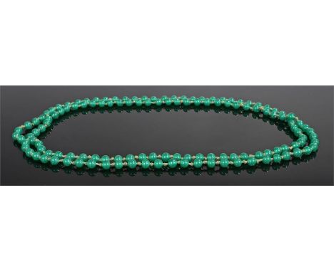 Jade necklace, with a row of jade beads to the strung necklace, 128cm long