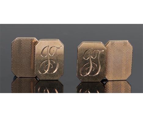 Pair of 9 carat gold cufflinks, one side engine turned the other with JT monograms, total weight 11.5 grams
