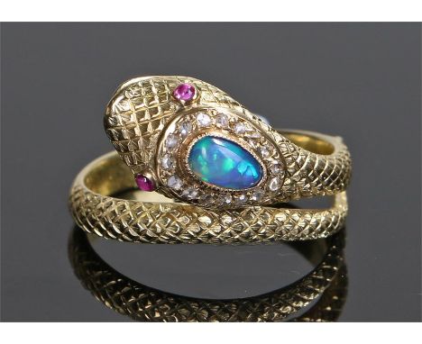 Opal and ruby snake ring, the pear cut opal set to the head of the gold snake with ruby eyes, ring size Q