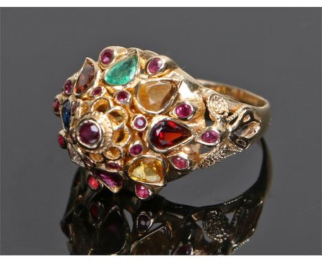 14 carat gold multi gemstone ring, the tapering head set with sapphires, emeralds, ruby, garnet and citrine, ring size O