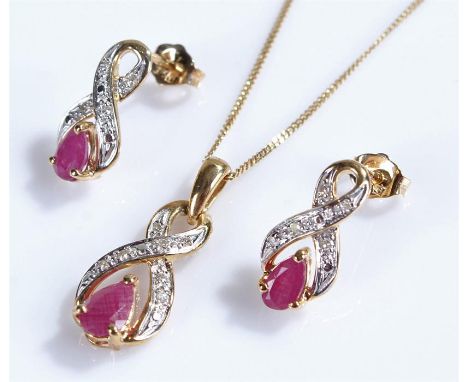 9 carat gold, diamond and ruby jewellery set, consisting of drop earrings and pendant necklace