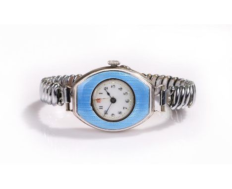 Silver and enamel wristwatch, the blue guilloche enamel with a white enamel dial and Arabic hours, manual wound, case 27mm di