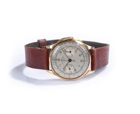 Chronographe Suisse 18 carat gold gentleman's wristwatch, the signed silvered dial with subsidiary dials, Arabic hours, outer