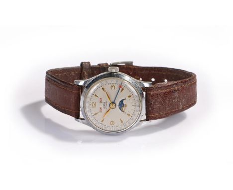 Arsa Incabloc gentleman's moonphase stainless steel wristwatch, the signed silvered dial with Arabic and arrow markers, day a