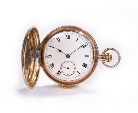 9 carat gold repeater hunter pocket watch, the hunter case enclosing a white enamel dial with Roman hours and subsidiary seco