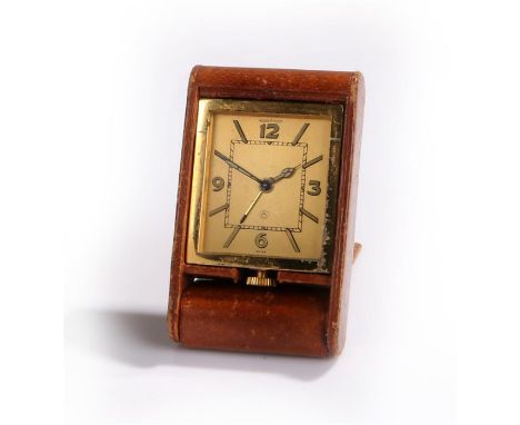 Jaeger Le Coultre desk time piece/ travelling clock, the leather case with gilt signed dial and luminous hours, the dial 45mm