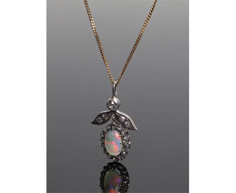 Diamond and opal pendant necklace, the foliate pendant with a central oval opal and diamond surround, further diamonds to the