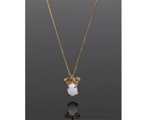 9 carat gold opal set pendant necklace, the oval opal set within a four claw mount, the pendant 12mm high