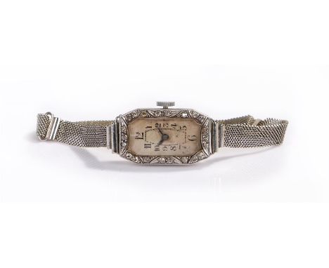 Art Deco platinum and diamond set ladies wristwatch, the white dial with Arabic hours, rectangular case set with diamonds, ma