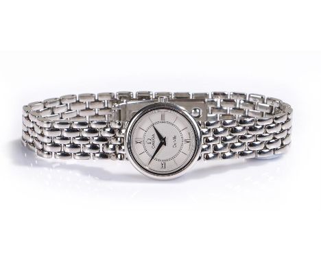 Omega De Ville stainless steel ladies wristwatch, the silvered signed dial with baton and Roman hours, Omega strap, the case 