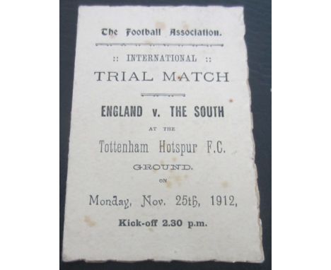 England v The South trial match 25th November 1912 played at Tottenham Hotspur official Itinerary
Players listed -&nbsp;&nbsp