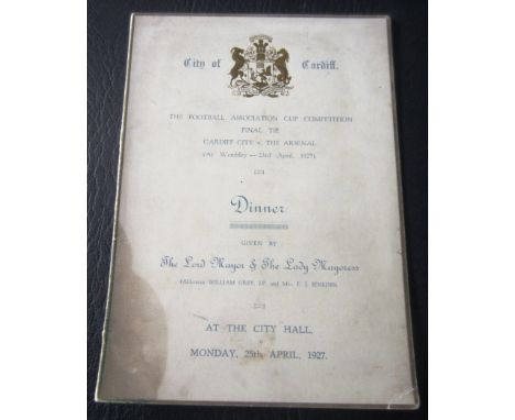 Cardiff City dinner menu for the FA Cup win over Arsenal dated 25th April 1927 and held at the City Hall Cardiff
Stain on bot