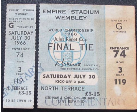 1966 World Cup Final ticket with stub dated 30th July 1966 the stub is detached from main ticket but all details are correct&