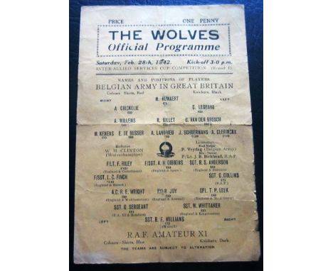 The rare war time game played at Wolves
Inter Allied Services Cup 1st round&nbsp; 28th Feb 1942
Belgian Army v RAF Amateur X1