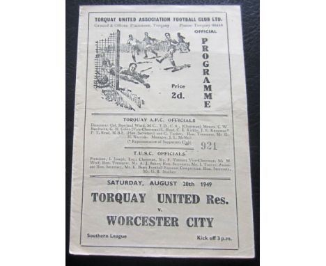 Torquay Utd res v Worcester City 20th Aug 1949 Southern League
Gate fold programme in good condition for age
