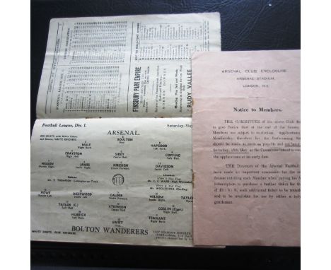 Arsenal v Bolton 1st May 1937, in good condition for age, includes&nbsp;application form for a 1938-39 season ticket&nbsp;