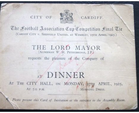 Invitation for the dinner at the City Hall Cardiff 27th April 1925 for the FA Cup Final Cardiff v Sheffield Utd&nbsp;
Rare it