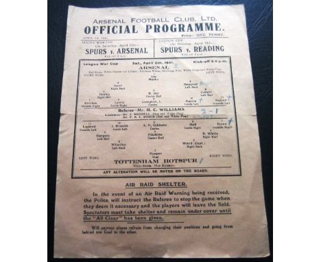 Single sheet programme Arsenal v Tottenham 5th April 1941&nbsp;
Slight fold, couple of very small nicks to edges and team cha