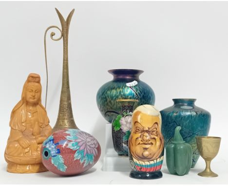A quantity of mainly reproduction Chinese items, to include cloisonne enamel pots and eggs, metalware, wood figures, boxes, c