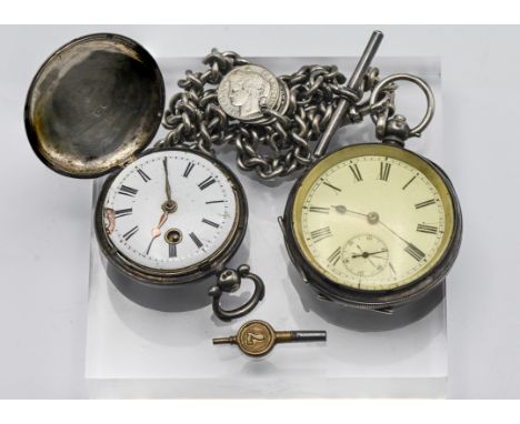A Victorian silver pocket watch and chain with three Victorian pennies attached, enamel Roman dial, together with another sil