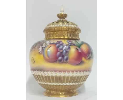 A Royal Worcester ginger jar, with gilt details and painted fruit design by P. English, marked 1286 m/s, with lid and pierced
