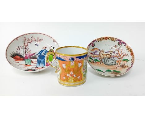 Two Chinese Export Ware saucers, decorated with horses and figures, together with a gilt cup decorated with flowers (3).